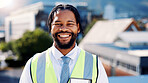 Happy, black man or portrait with architect in city rooftop for building, construction or security. Male person, civil engineer or smile with reflective vest for architecture on site in an urban town