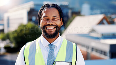 Buy stock photo Happy, black man or portrait with architect in city rooftop for building, construction or security. Male person, civil engineer or smile with reflective vest for architecture on site in an urban town