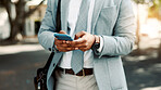 Phone, chat and hands of business man in city for contact, client feedback and online financial advisor. Communication, broker app and connection with person and mobile outdoor for typing and texting