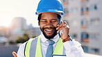 Happy, black man and architect with phone call in city for building discussion or construction. Male person, contractor or civil engineer with smile, mobile smartphone or chat for architecture safety