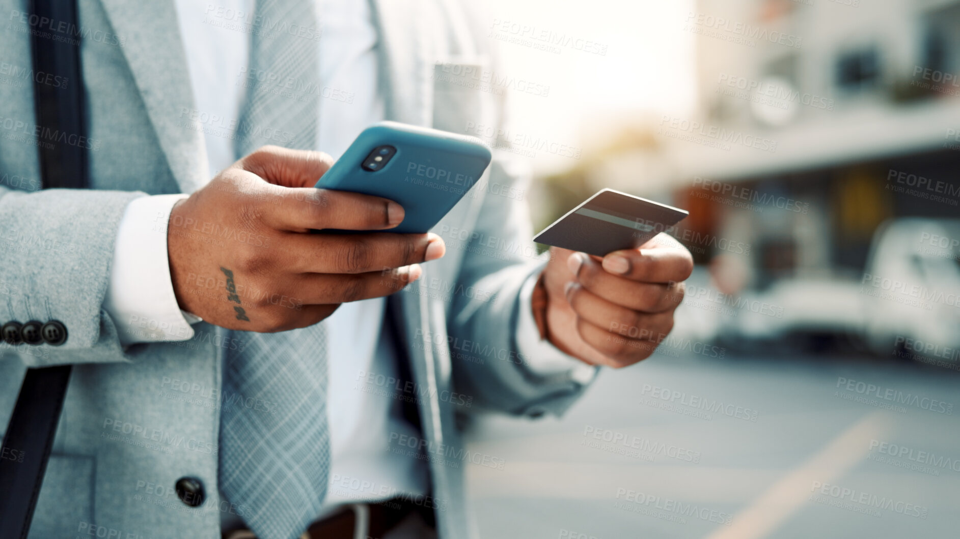 Buy stock photo Businessman, hands and credit card with phone in city for online shopping or mobile banking app. Man, user or shopper with smartphone or debit for ecommerce, payment or wireless transaction in town