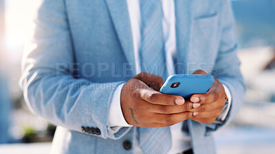 Buy stock photo Phone, texting and hands of business man in city for contact, client feedback and online financial advisor. Communication, broker app and connection with person and mobile outdoor for chat and typing
