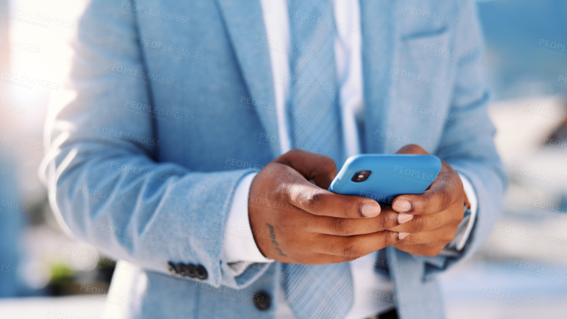 Buy stock photo Phone, texting and hands of business man in city for contact, client feedback and online financial advisor. Communication, broker app and connection with person and mobile outdoor for chat and typing