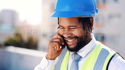 Buy stock photo Happy, black man and architect with phone call in city for construction plan, conversation or chat. Male person, civil engineer or talking with smile or hard hat on smartphone for discussion in town