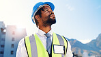 Black man, architect and thinking with helmet in city for building, construction or security. Thoughtful, male person or civil engineer with ambition or vision for architecture on site in urban town