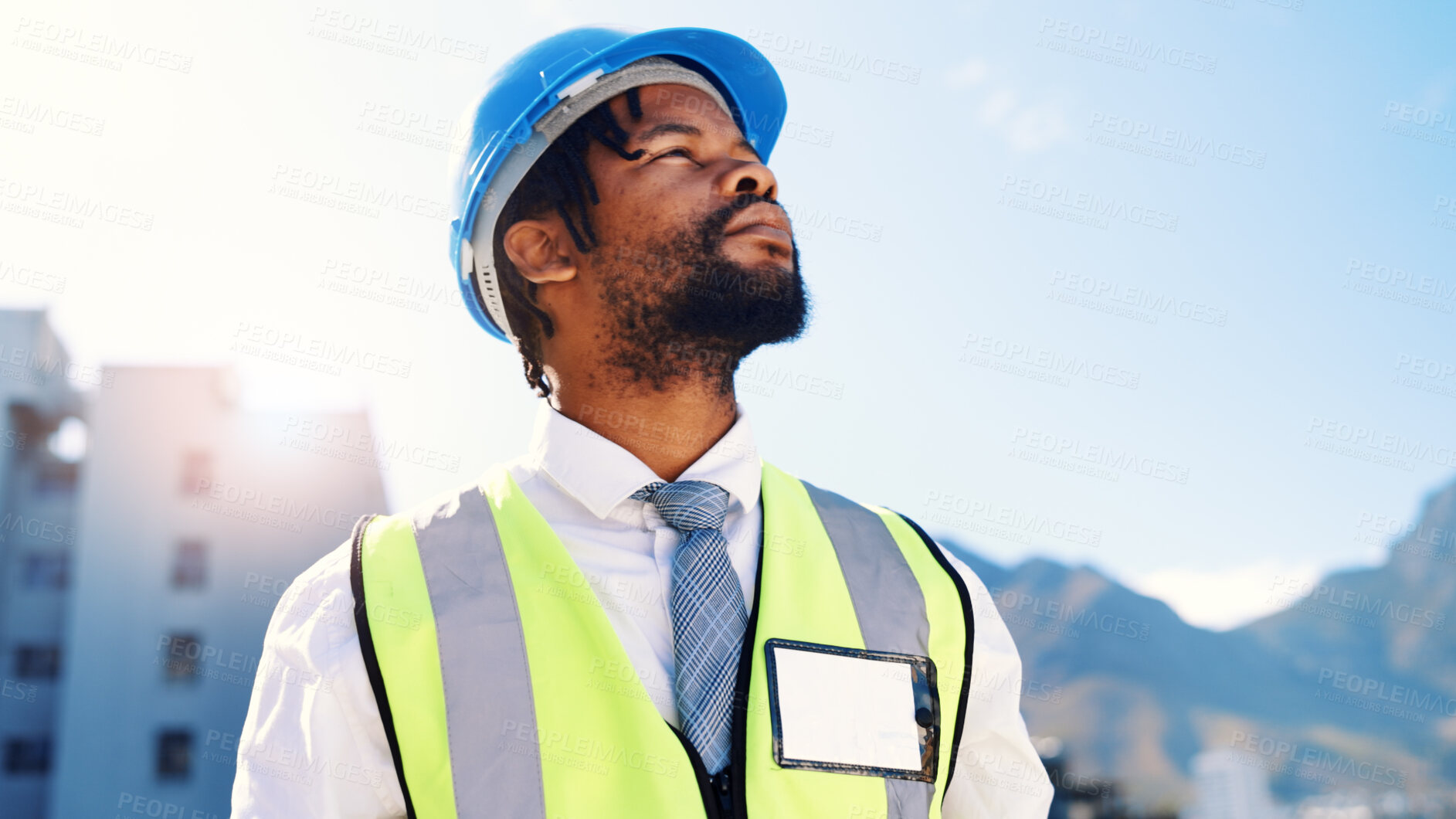 Buy stock photo Black man, architect and thinking with helmet in city for building, construction or security. Thoughtful, male person or civil engineer with ambition or vision for architecture on site in urban town