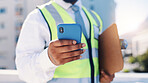 Man, hands or architect with phone in city for building inspection, construction or maintenance app. Male person, engineer or technician with mobile smartphone or clipboard for architecture or safety