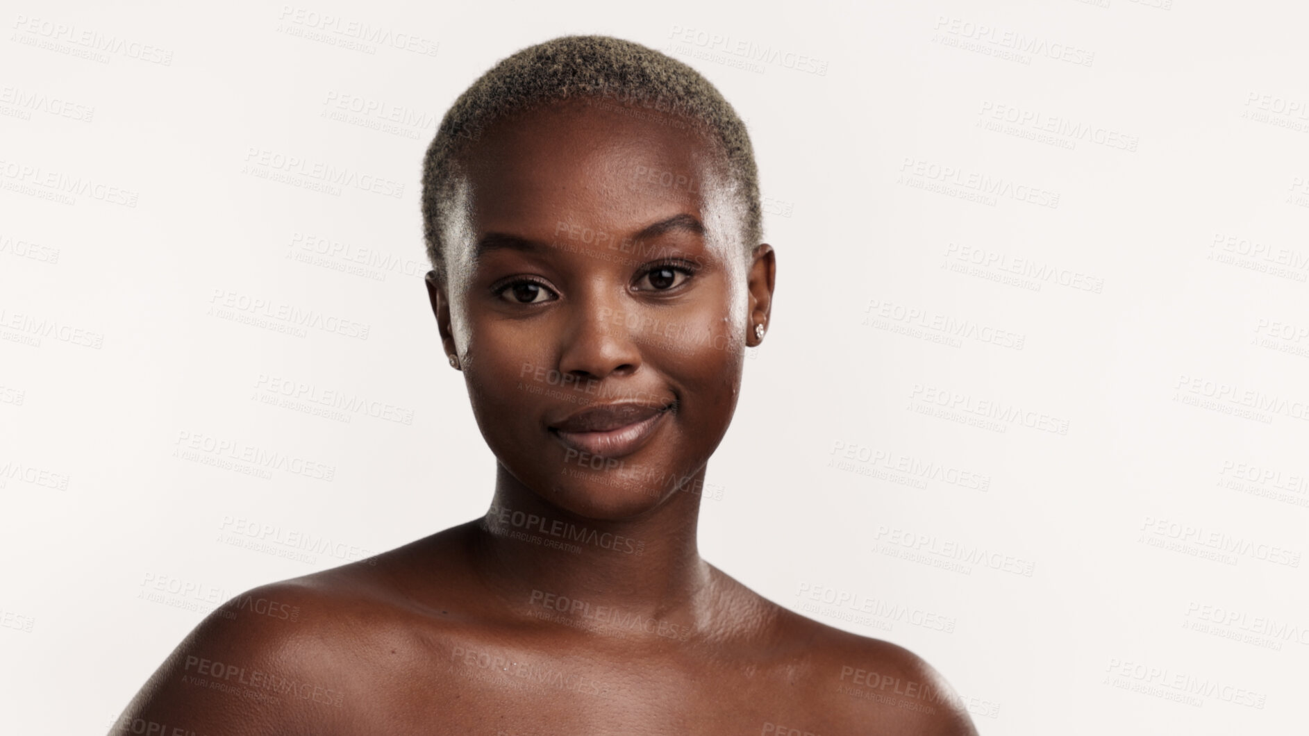 Buy stock photo Portrait, smile and black woman in studio with skincare, confidence and collagen for cosmetic benefits. Happy, female person and beauty with dermatology, healthy skin and space on white background.