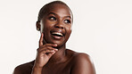 Skincare, thinking and black woman in studio with smile, vision and collagen for antiaging benefits. Happy, female person and grooming idea for dermatology, healthy skin or space on white background.