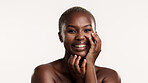 Portrait, happy and black woman in studio with skincare, confidence and collagen for antiaging benefits. African person, smile and beauty with dermatology, healthy skin and space on white background.
