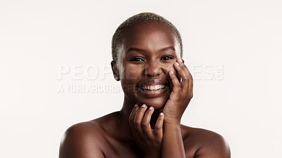 Buy stock photo Portrait, happy and black woman in studio with skincare, confidence and collagen for antiaging benefits. African person, smile and beauty with dermatology, healthy skin and space on white background.
