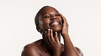 Skincare, beauty and black woman in studio with self care, confidence or collagen for antiaging benefits. Happy, female person and grooming with dermatology, healthy skin or space on white background
