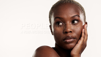 Buy stock photo Thinking, skincare and black woman in studio with soft, natural and beauty by mockup space. Serious, ideas and African female person with cosmetic for facial dermatology with glow by white background