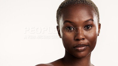 Buy stock photo Beauty, portrait and space with black woman in studio for cosmetics or dermatology benefits. Aesthetic, skincare and wellness with African model isolated on white background for natural glow