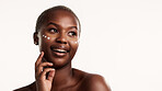 Face cream, skincare and black woman in studio with soft, cosmetic or natural facial routine. Wellness, happy and African person by mockup space with sunscreen for dermatology by white background.
