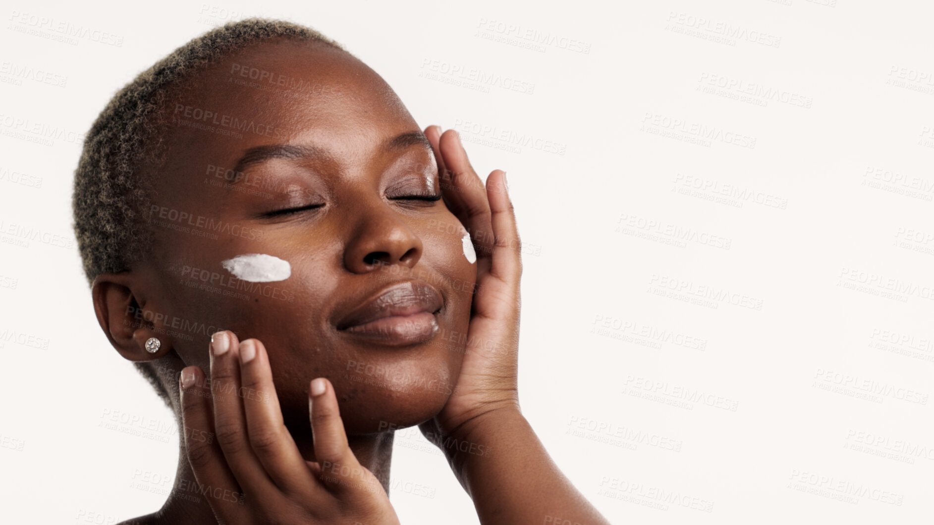 Buy stock photo Skincare, beauty and black woman in studio with face cream, retinol or collagen for antiaging benefits. Person, lotion and moisturizer for dermatology, clear skin or mockup space on white background.
