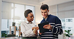 Happy, business people and discussion with tablet for project, point and market research on website. Reading, online and colleagues with tech for ad campaign, collaboration and performance review