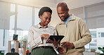 Business people, meeting and creative with tablet in office, collaboration or market research on web. Colleagues, man and black woman with smile for campaign, performance review and team with tech