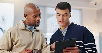Buy stock photo Businessmen, meeting and creative with tablet in office, collaboration or market research on website. Colleagues, discussion and people with tech for campaign, performance review and team with coffee