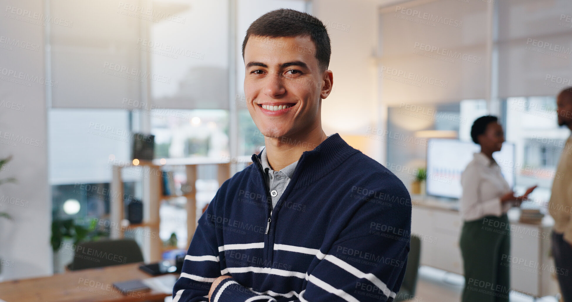Buy stock photo Happy, crossed arms and portrait of businessman in office with confidence for creative career. Smile, job opportunity and male magazine editor with pride for about us at startup company in workplace.