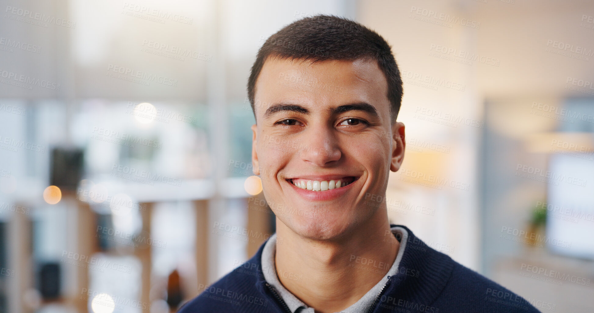 Buy stock photo Happy, professional and portrait of businessman in office with confidence for creative career. Smile, job opportunity and male magazine editor with pride for about us at startup company in workplace.