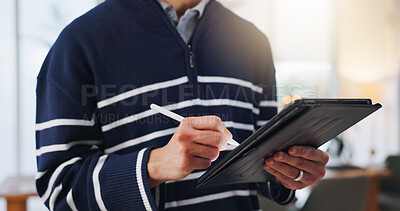 Buy stock photo Man, hands and writing in office with tablet, stylus and planning creative project for web design. Digital designer, person and notes in workplace with tech, browse and research for site development.