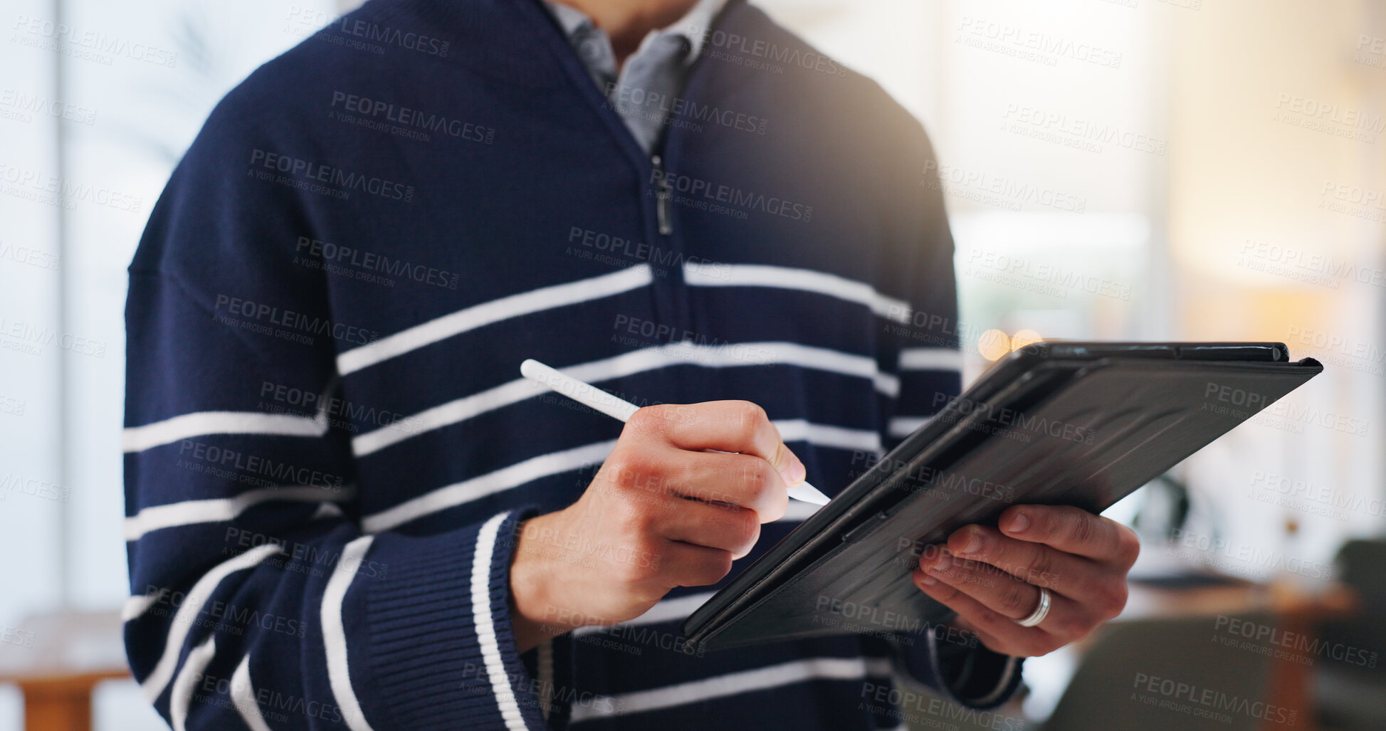 Buy stock photo Man, hands and writing in office with tablet, stylus and planning creative project for web design. Digital designer, person and notes in workplace with tech, browse and research for site development.