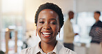 Happy, professional and portrait of businesswoman in office with confidence for creative career. Smile, job opportunity and magazine editor with pride for about us at startup company in workplace.
