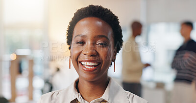 Buy stock photo Happy, professional and portrait of businesswoman in office with confidence for creative career. Smile, job opportunity and magazine editor with pride for about us at startup company in workplace.