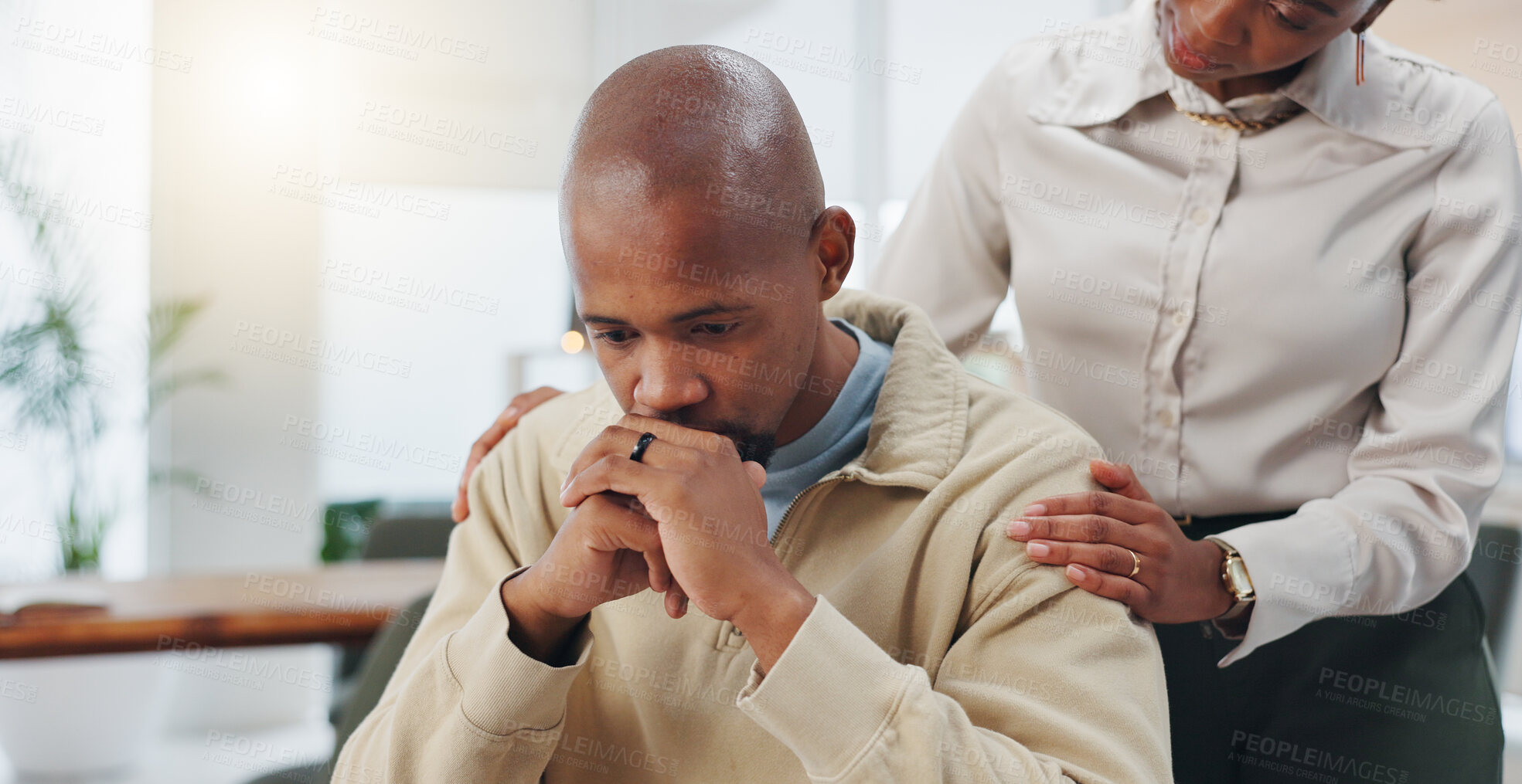 Buy stock photo Stress, business and black people in office, support and concern for company audit. African man, worry and woman with hands on shoulder, empathy for dismissal and financial crisis with unemployment