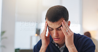 Buy stock photo Creative, pain and businessman with headache in office, think and reporter with brain fog and tired. Newsroom, fatigue and person with migraine for deadline, reflection and journalist with burnout