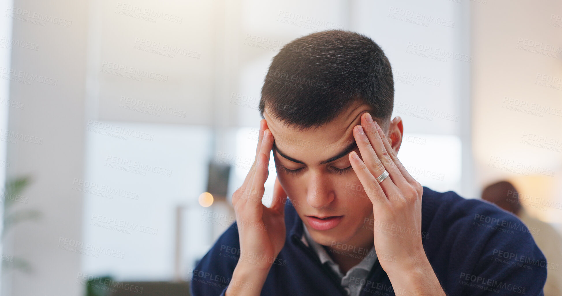 Buy stock photo Creative, pain and businessman with headache in office, think and reporter with brain fog and tired. Newsroom, fatigue and person with migraine for deadline, reflection and journalist with burnout