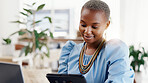 Black woman, tablet and happy with typing at office for project management at media company. African person, tech and smile with laptop, notification and application for feedback at creative agency