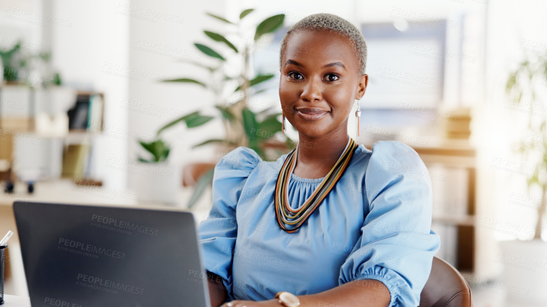Buy stock photo Smile, laptop and portrait of black woman in office with confidence for creative career. Professional, computer and African copywriter with pride for job opportunity, about us or growth at agency.