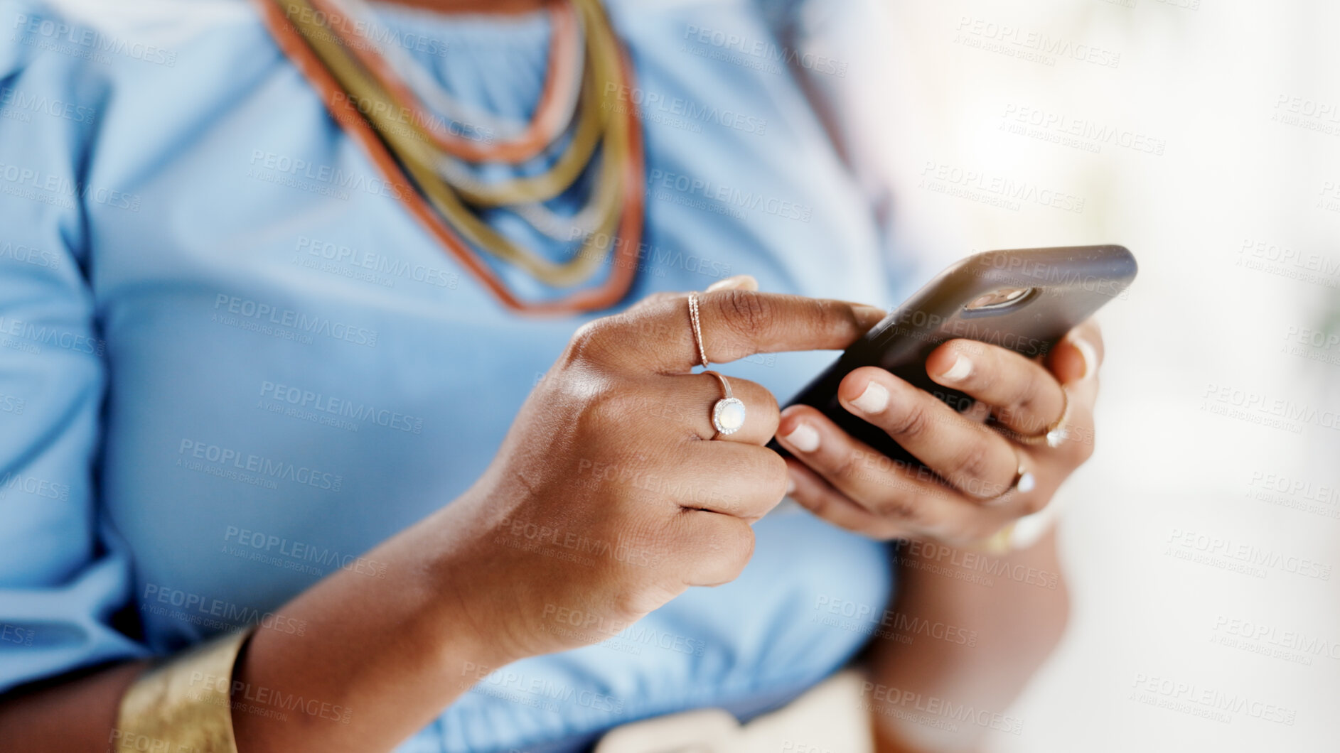 Buy stock photo Phone, scrolling and hands of woman in office with texting, email or contact for creative project feedback. Startup, tech and female magazine editor with cellphone for article review on mobile app.