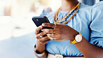 Woman, hands and scroll in office with phone, research jewelry trend and viral social media post. Space, person and browse in small business with tech, popular accessories or design idea for startup.