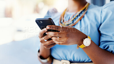 Buy stock photo Woman, hands and scroll in office with phone, research jewelry trend and viral social media post. Space, person and browse in small business with tech, popular accessories or design idea for startup.