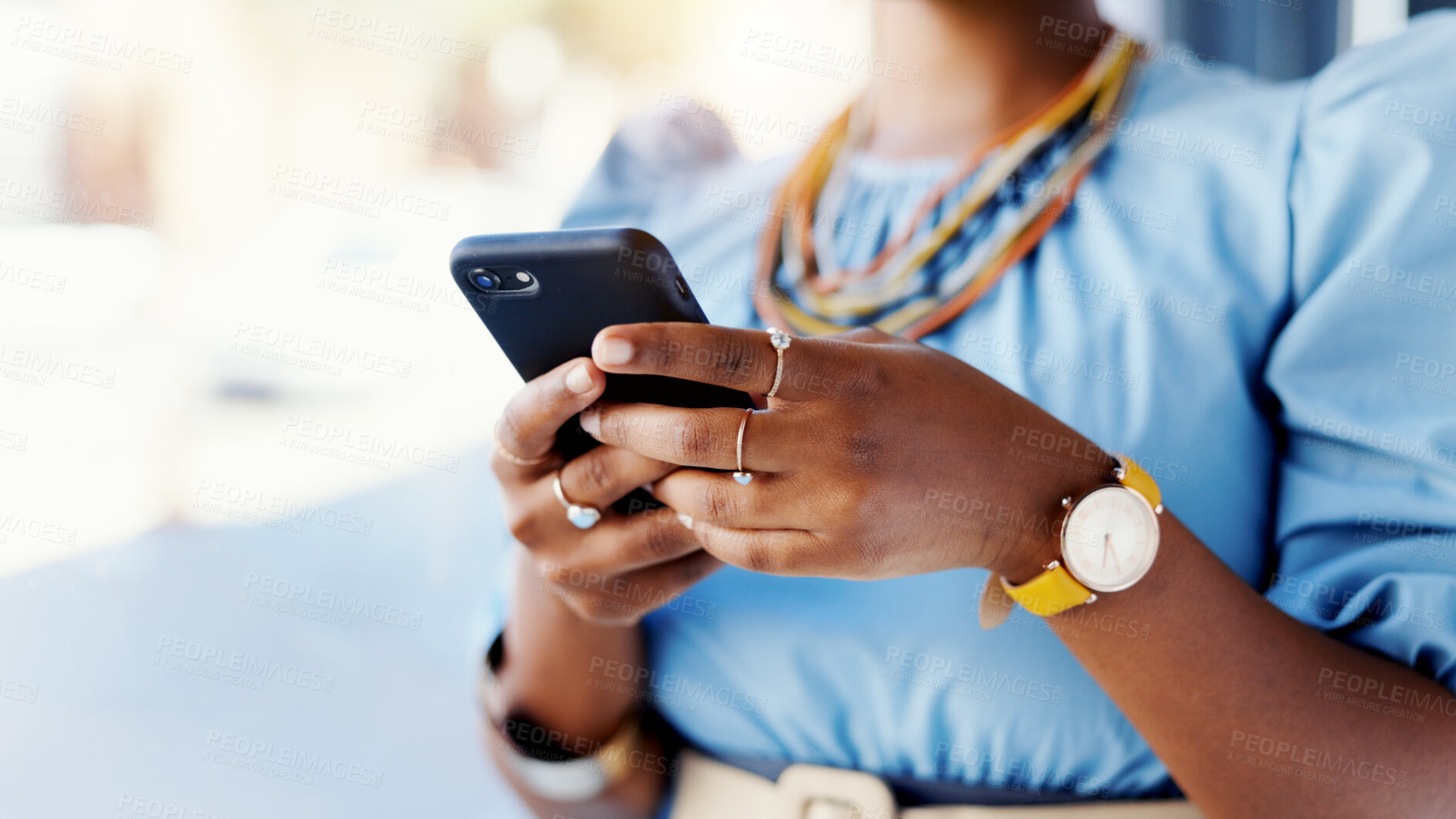Buy stock photo Woman, hands and scroll in office with phone, research jewelry trend and viral social media post. Space, person and browse in small business with tech, popular accessories or design idea for startup.