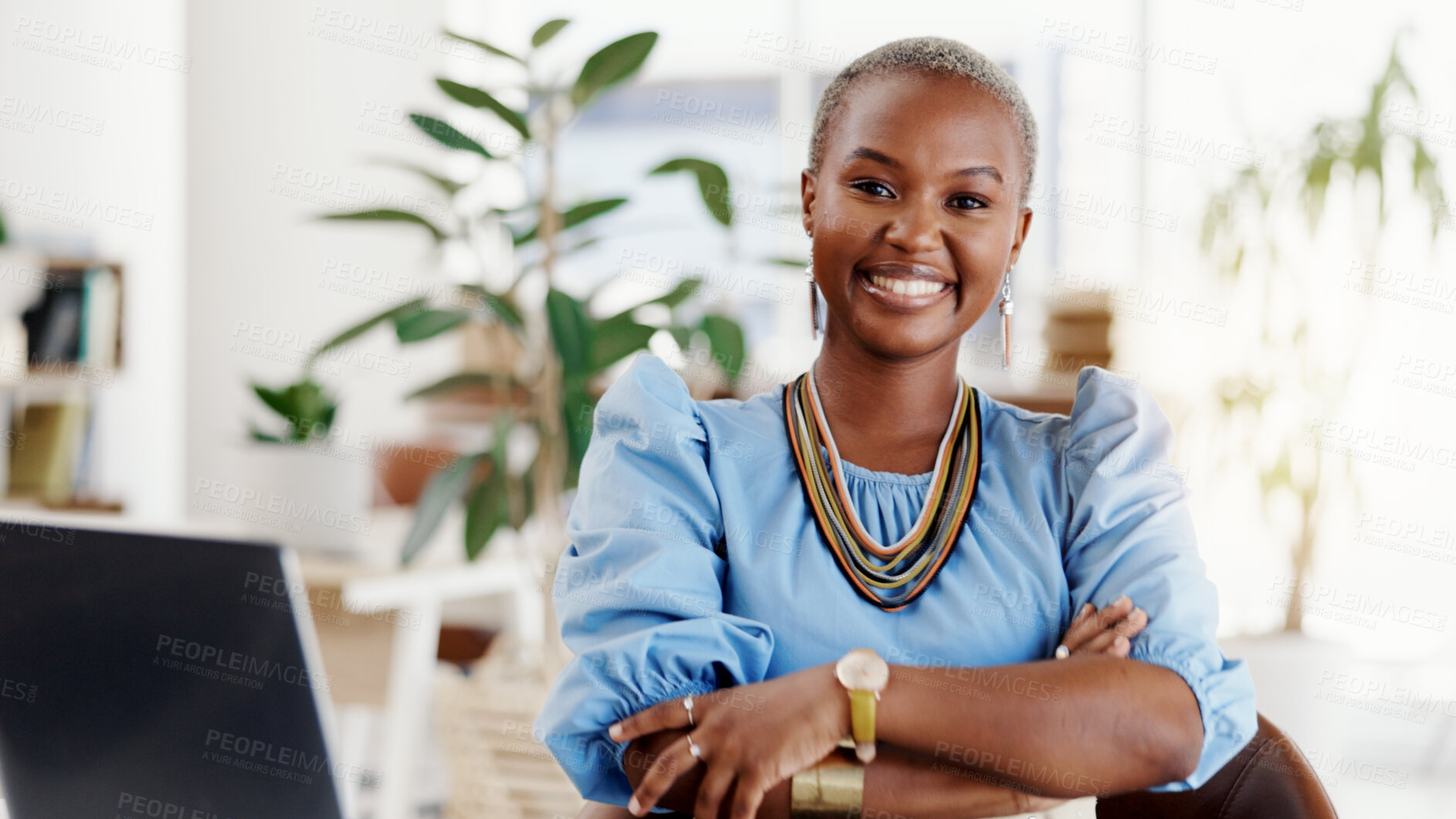 Buy stock photo Crossed arms, laptop and portrait of black woman in office with confidence for creative career. Professional, happy and African copywriter with pride for job opportunity, about us or growth at agency