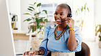 Black woman, headset and happy with computer at office with climate consulting, review or insight for solution. African person, advisor and agent with voip, mic and help desk at environmental agency