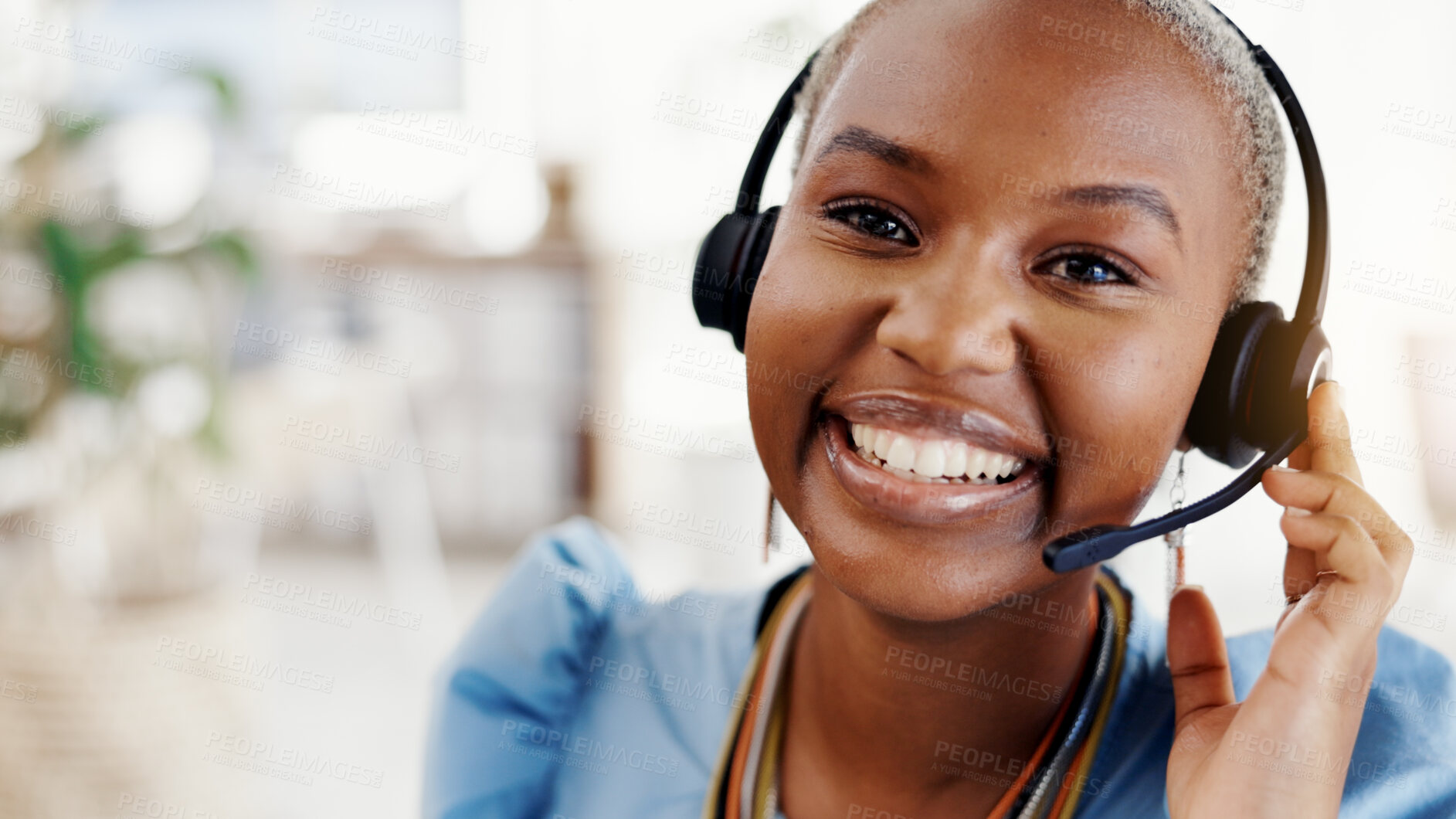 Buy stock photo Black woman, happy and headset in portrait at office for customer support at insurance company. African person, broker and advisor with smile, voip mic and space in call center at agency in Nigeria