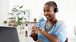 Call center, laptop and black woman in agency with headset, contact us or advice in crm service. Smile, mic and consultant in office with tech, online assistance or feedback in client support.