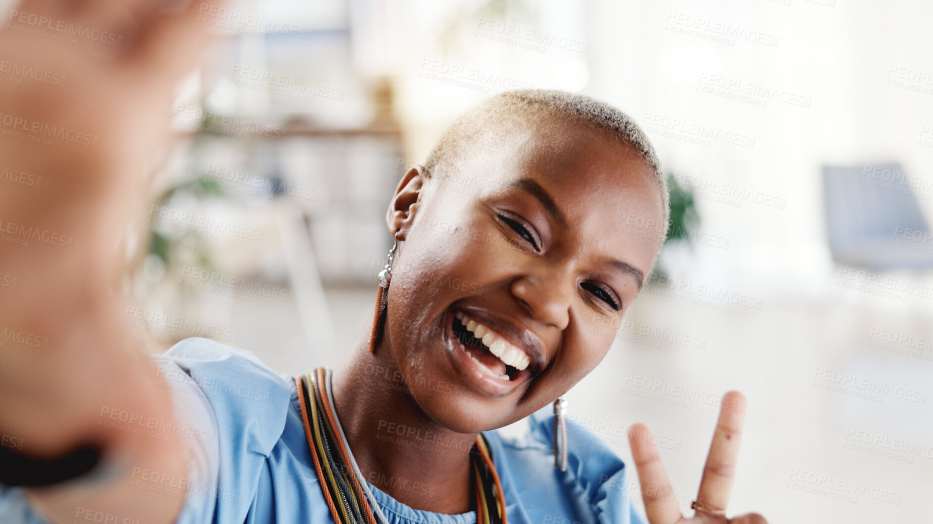 Buy stock photo Office, portrait and woman with peace sign for selfie, laughing and profile picture for social media. Happy, black person and memory for first day in workplace, photography and confident in Nigeria