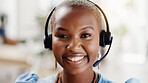 Call center, portrait and happy woman with headset in office, sales and confident for career growth. Telemarketing, consultant and black person with mic for chat, lead generation and smile in Nigeria