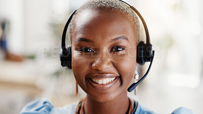 Buy stock photo Call center, portrait and happy woman with headset in office, sales and confident for career growth. Telemarketing, consultant and black person with mic for chat, lead generation and smile in Nigeria