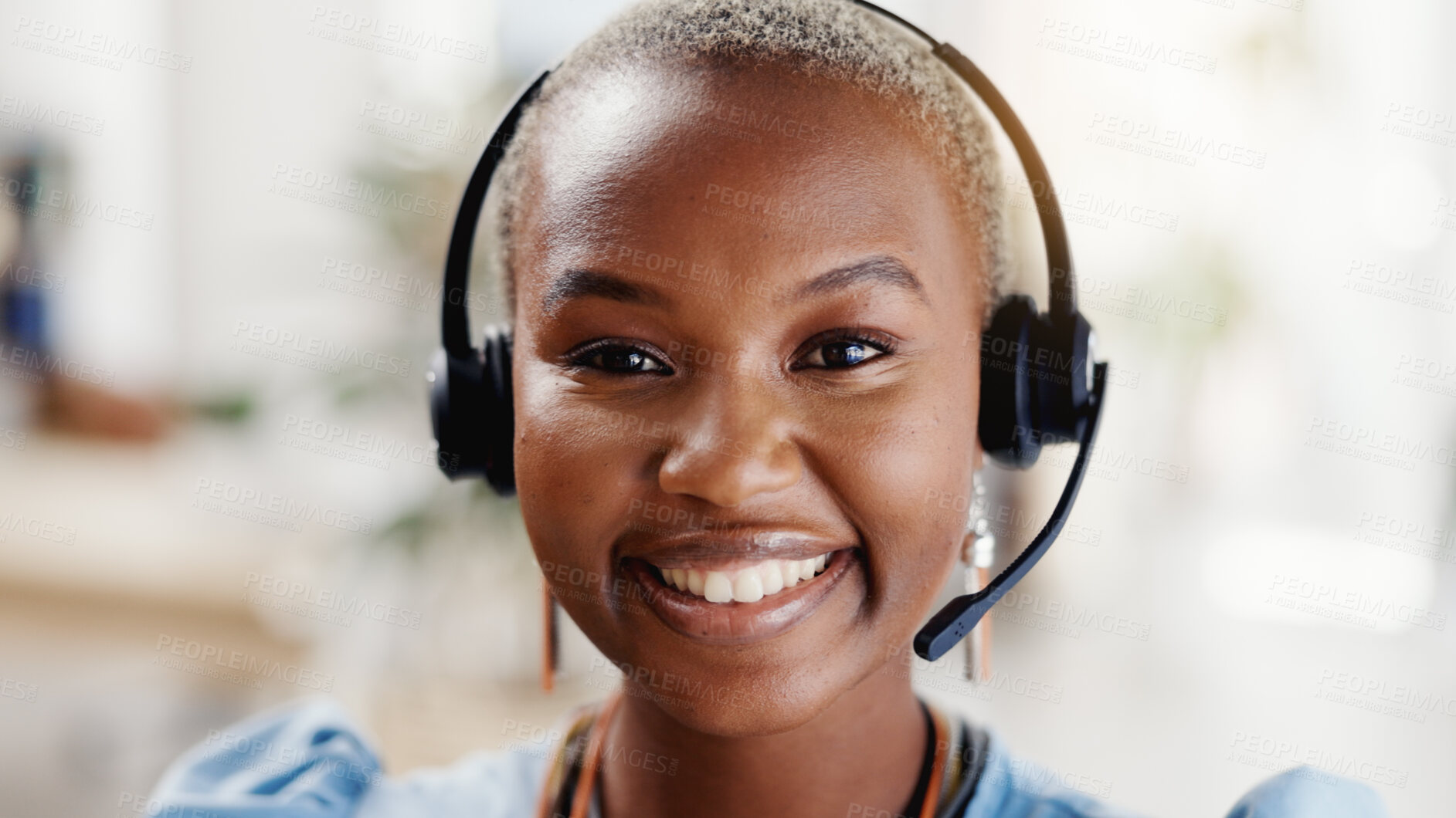 Buy stock photo Call center, portrait and happy woman with headset in office, sales and confident for career growth. Telemarketing, consultant and black person with mic for chat, lead generation and smile in Nigeria