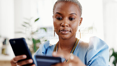 Buy stock photo Black woman, credit card and phone at office with online shopping, fintech and easy payment. African person, budget and transaction for ecommerce, bills or mobile app for customer experience on web
