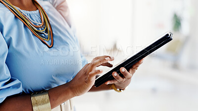 Buy stock photo Scroll, online and hands with tablet in business, digital marketing or campaign for brand awareness. Office, social media manager and person with tech for ad research, browsing and project on website