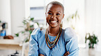 Happy, crossed arms and portrait of black woman in office with confidence for creative career. About us, professional and African magazine editor with pride for job opportunity or growth in workplace