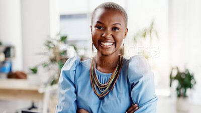 Buy stock photo Happy, crossed arms and portrait of black woman in office with confidence for creative career. About us, professional and African fashion designer with pride for job opportunity or growth at agency.